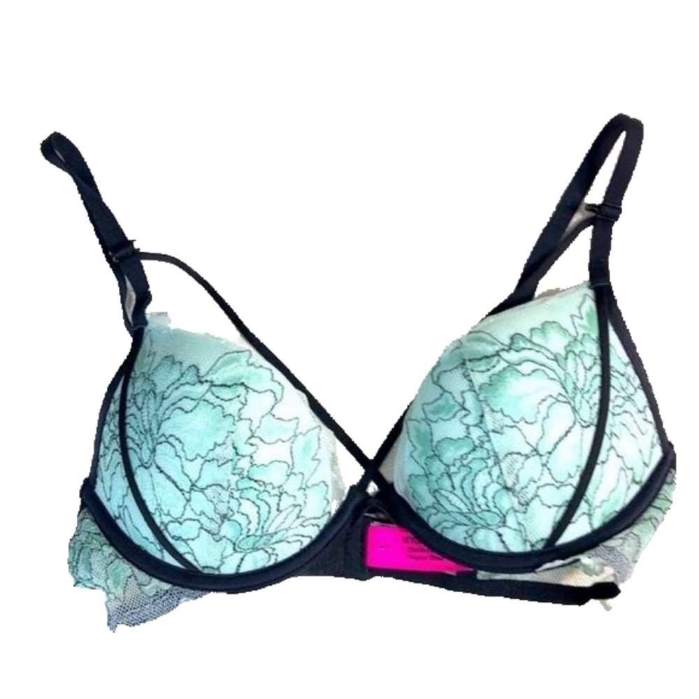 Size 32C Elegant Lace Trimmed Bra in Mint and Black